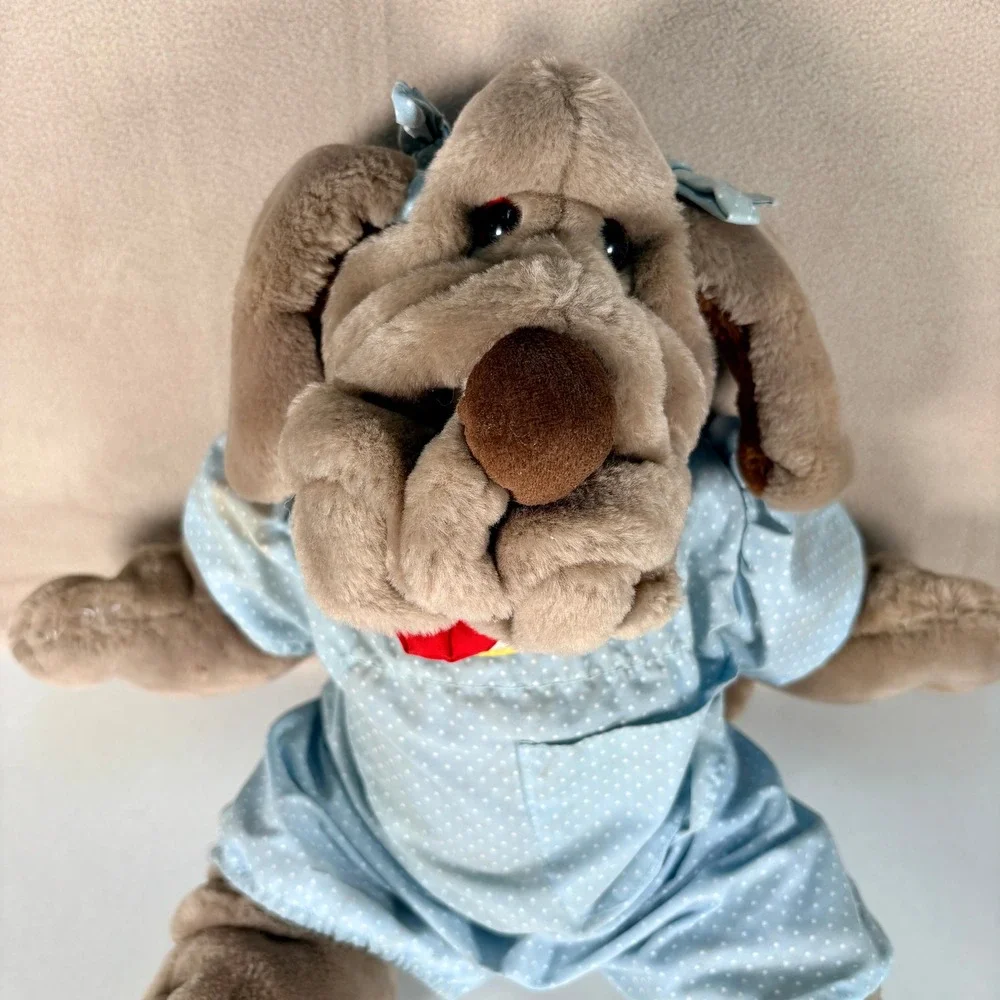 Vintage Ganz Wrinkles Dog Hand Puppet‎ Brown Blue Polka Dot 1980s Toy